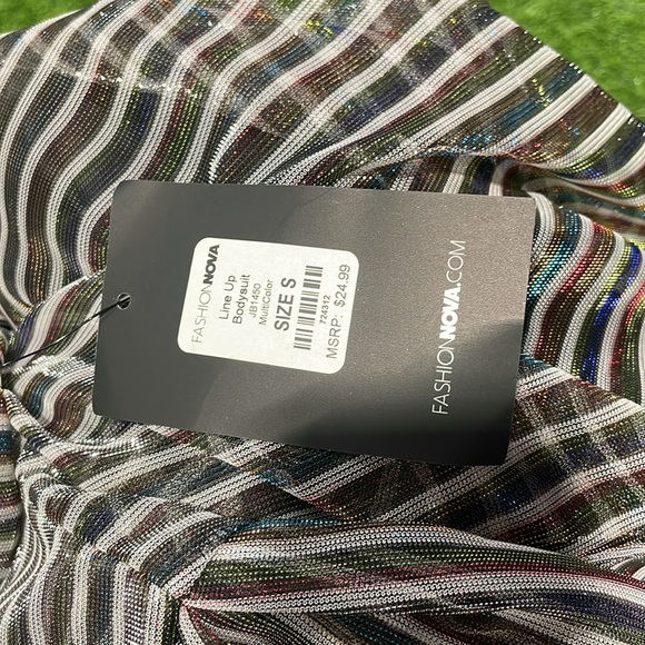Ladies sheer mock neck bodysuit/leotard with multi colored metallic stripes. - Picture 5 of 7